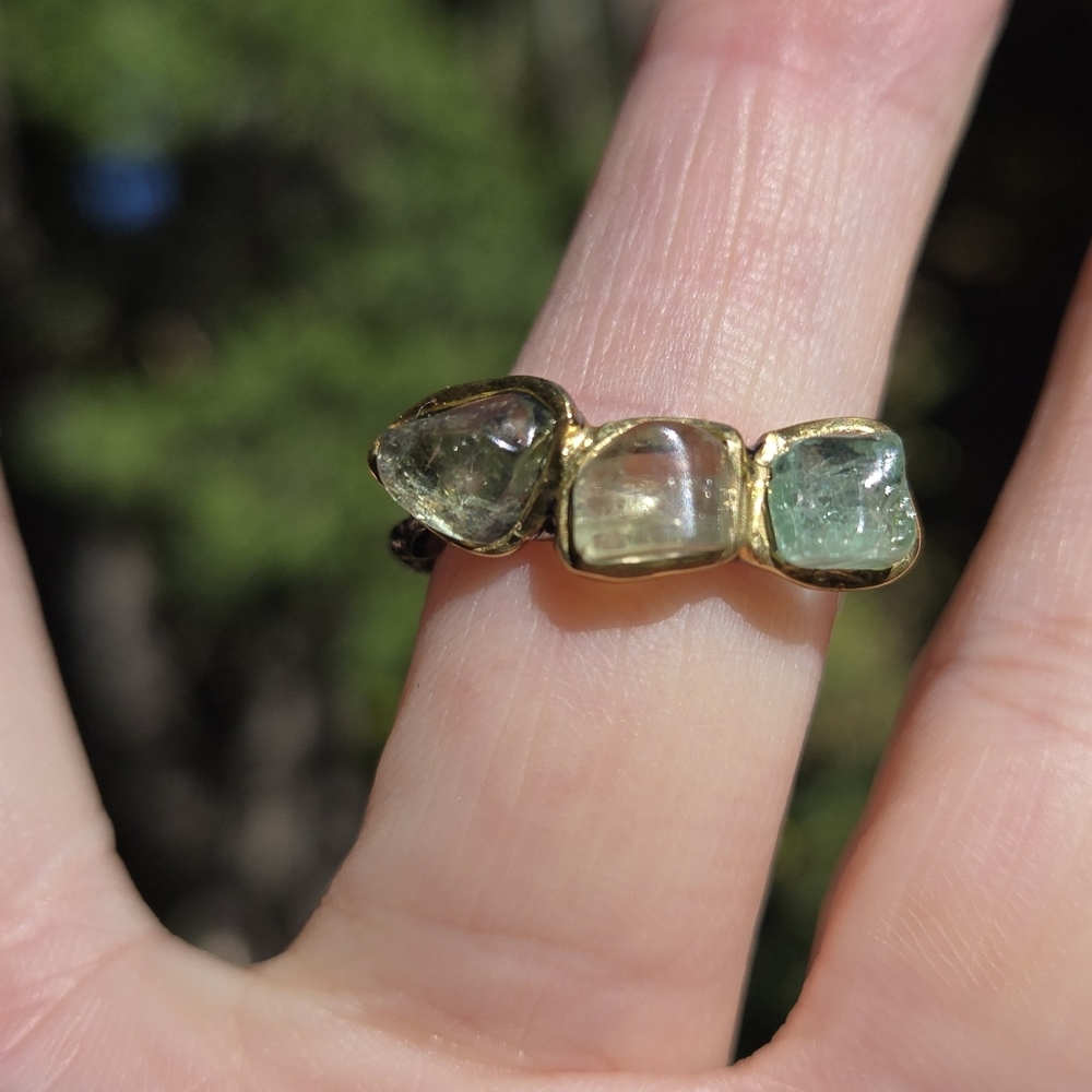 Tourmaline Natural Gemstones Sterling Rhodium & Gold Ring Sz8 - Picture 7 of 10